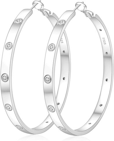 925 Sterling Silver Hoop Earrings for Women Large Silver Hoop Earrings Hypoallergenic Lightweight Silver Earrings Hoops with Cubic Zirconia 40/50/60mm in Saudi Arabia