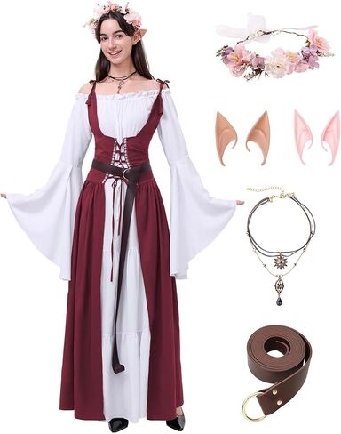 7 PCS Renaissance Dresses for Women Medieval Costume with Elf Ears, Necklace, Leather Belt, and Flower Crown in Saudi Arabia