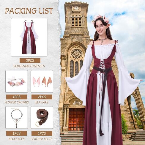 7 PCS Renaissance Dresses for Women Medieval Costume with Elf Ears, Necklace, Leather Belt, and Flower Crown in Saudi Arabia