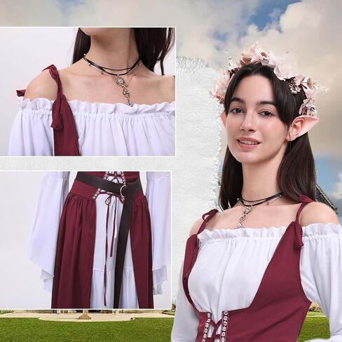 7 PCS Renaissance Dresses for Women Medieval Costume with Elf Ears, Necklace, Leather Belt, and Flower Crown in Saudi Arabia