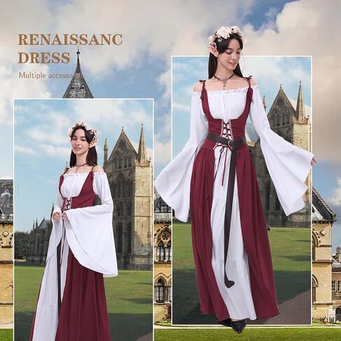 7 PCS Renaissance Dresses for Women Medieval Costume with Elf Ears, Necklace, Leather Belt, and Flower Crown in Saudi Arabia