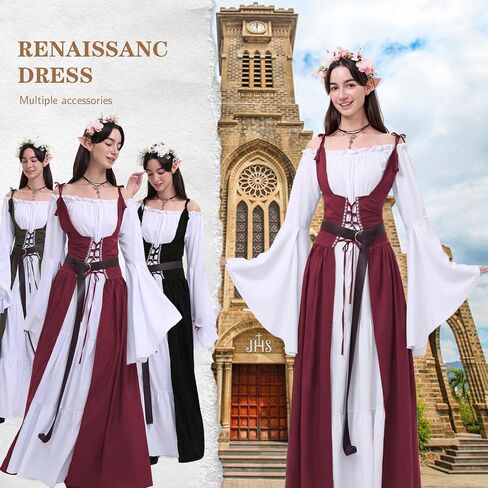7 PCS Renaissance Dresses for Women Medieval Costume with Elf Ears, Necklace, Leather Belt, and Flower Crown in Saudi Arabia