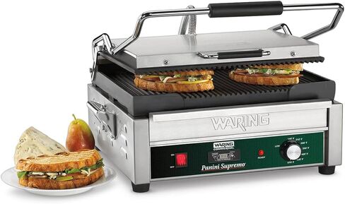 Waring Commercial WDG250 Tostato Supremo Ribbed Top Plate and Flat Bottom Plate Large Surface Panini Grill, 120 V, 1800W, 5-15 Phase Plug in Saudi Arabia