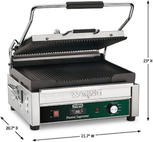 Waring Commercial WDG250 Tostato Supremo Ribbed Top Plate and Flat Bottom Plate Large Surface Panini Grill, 120 V, 1800W, 5-15 Phase Plug in Saudi Arabia
