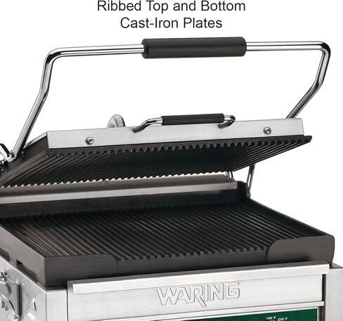 Waring Commercial WDG250 Tostato Supremo Ribbed Top Plate and Flat Bottom Plate Large Surface Panini Grill, 120 V, 1800W, 5-15 Phase Plug in Saudi Arabia