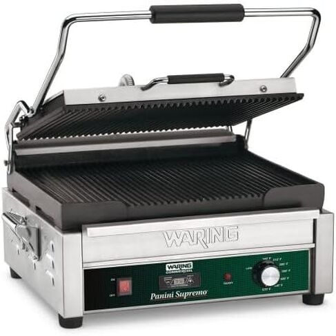Waring Commercial WDG250 Tostato Supremo Ribbed Top Plate and Flat Bottom Plate Large Surface Panini Grill, 120 V, 1800W, 5-15 Phase Plug in Saudi Arabia