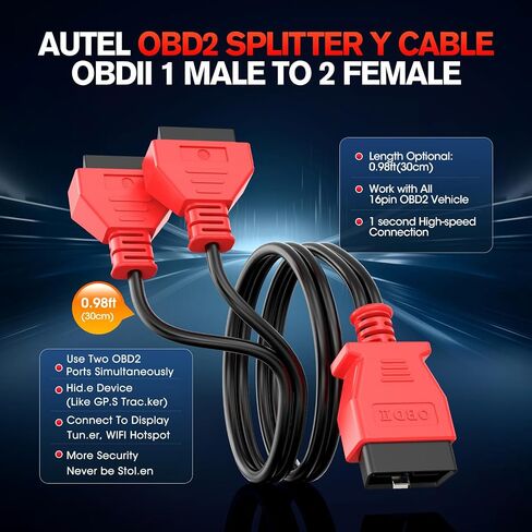 كابل تمديد Autel obdii obd2 16 pin y، 16pin 1x ذكر إلى 2x أنثى محول موصل تمديد، لجميع مركبات obd ii (1ft/30cm) in Kuwait