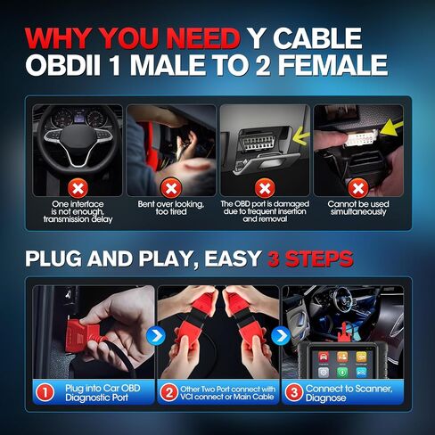 كابل تمديد Autel obdii obd2 16 pin y، 16pin 1x ذكر إلى 2x أنثى محول موصل تمديد، لجميع مركبات obd ii (1ft/30cm) in Kuwait