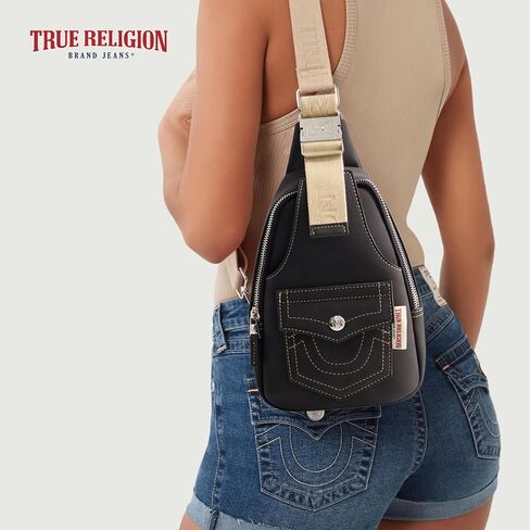 حقيبة حبال نسائية من True Religion، حقيبة ظهر صغيرة للسفر من جلد الغزال الصناعي مع حزام كتف قابل للتعديل in Saudi Arabia