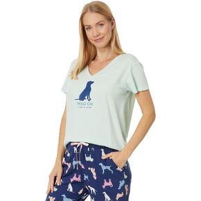 Life is Good. Women's Wag On Lab SS Snuggle Up Relaxed Sleep Vee, Sage Green