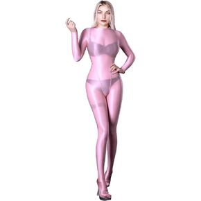 Ultra Sheer Full Bodysuit for Women Long Sleeves Shiny Jumpsuits One-Piece Glossy Catsuit Nylons Full Body Leotard