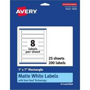 Avery Matte White Rectangle Labels with Sure Feed, 1" x 7", 200 Matte White Printable Labels