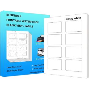 Glossy White Waterproof Bottle Labels, 2" x 3" 8 Up Vinyl Rectangle Lalebs for Laser or Inkjet Printers, 20 Sheets 160 Total Permanent Adhesive Labels
