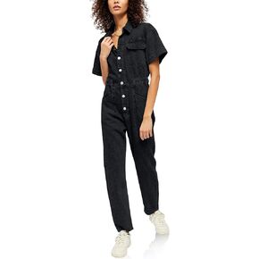 PLNOTME Womens Short Sleeve Denim Jumpsuit Button Down Elastic Waist Jeans Long Pants Romper with Pocket