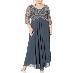 J Kara Women's Plus Size 3/4 Sleeve V-Neck Geometrical Beaded Long Dress