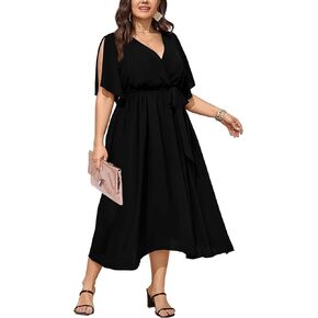 فستان نسائي طويل مقاس كبير وأكمام قصيرة وربطة عنق على شكل حرف V وخصر على شكل حرف A فستان طويل in Kuwait