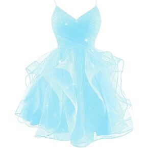 Sparkly Tulle Homecoming Dresses for Teens Spaghetti Strap Tiered Short Prom Dress V Neck Cocktail Party Gown