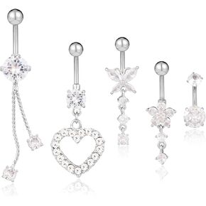 5pcs Belly Button Rings, Surgical Stainless Steel Dangle Belly Rings Heart Flower Butterfly Diamond Belly Button Ring Bars Belly Piercing Jewelry Navel Rings for Women Girls (Silver)