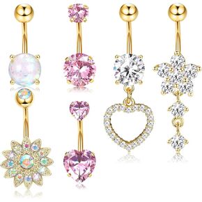 Dochais 6PCS Surgical Stainless Steel Dangle Pink Belly Button Rings for Women Heart Flower Cubic Zirconia Dangling Belly Button Piercing Navel Piercings Pack