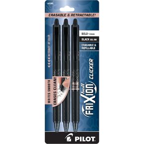 Pilot® FriXion® Ball Clicker Erasable Retractable Gel Pens, Pack of 3, Bold Point, 1.0 mm, Black Barrels, Black Ink