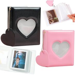 2 Pcs Love Heart Photocard Holder Book, BetterJonny 3 Inch Mini Photo Album Heart Hollow Card Binder Pendant 32 Pockets kpop photocard binder for Star Chasing Photo Collection (Black,Pink)