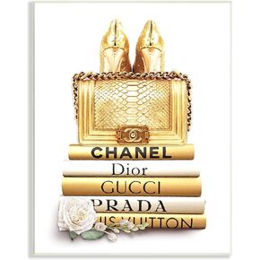 Stupell Industries Divine Golden Fashion Purse on Glam Designer Bookstack, Designed by ROS Ruseva Wall Plaque, Gold