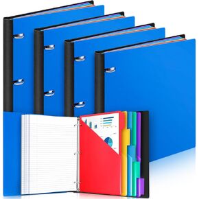 Henoyso 4 Pcs All in One Telescoping Binder 1 Inch 3 Ring Binder Flexible Binder Notebook Binder +5 Subject Dividers with 2 Pockets +40 Sheets Notepaper for School, Office, 11.61 x 11 Inch, Blue