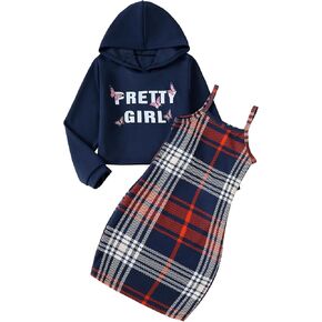 Girls 2 Piece Outfits Cami Dresses Hoodie Clothing Set Plaid Bodycon Dress Crop Top Sweatshirt Fall Winter Clothes