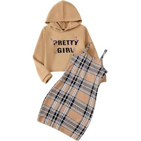 Girls 2 Piece Outfits Cami Dresses Hoodie Clothing Set Plaid Bodycon Dress Crop Top Sweatshirt Fall Winter Clothes