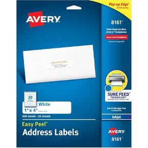 Avery Mailing Address Labels, Inkjet Printers, 500 Labels, 1 x 4, Permanent Adhesive, 5 Packs (8161)
