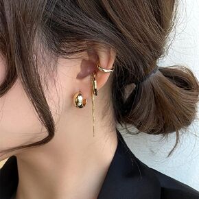 4PCS Gold Dangle Chain Earrings and Ear Clips Set for Multiple Piercing Gold Plated Chain Earrings Stud Hoop Earrings Huggie Stud Earring Sets for Women Birthday Christmas Jewelry Gifts(Gold）