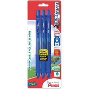 Pentel EnerGel-X Retractable Liquid Gel Pen, 0.7mm, Medium Line, Metal Tip, Blue Ink, 3 Pack (BL107BP3C)