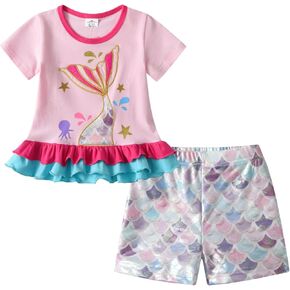 DXTON Toddler Girls 2PCS Outfit Short Sleeve Graphic T-Shirt and Shorts Summer Clothes-Set for 3-12 Years