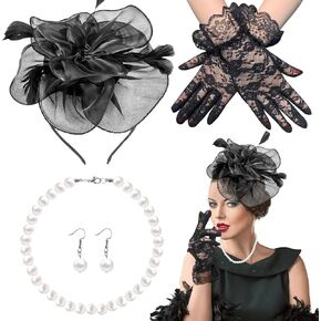4 Pack Organza Fascinator Hat Lace Gloves Set for Women Tea Party Cocktail Church Wedding Derby 1920s Halloween Party