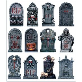 Whaline 48Pcs Halloween Tombstone Cutouts with 100 Glue Points 12 Style Gravestone Cut Outs Skull Skeleton Grimace Pumpkin Pattern Paper Cutting for Halloween Party Classroom School Decoration, 6.3In