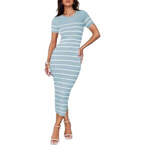 ZESICA Women's Summer Bodycon Midi Dress 2024 Striped Short Sleeve Ribbed Knit Slim Fit Side Slit T Shirt Dresses
