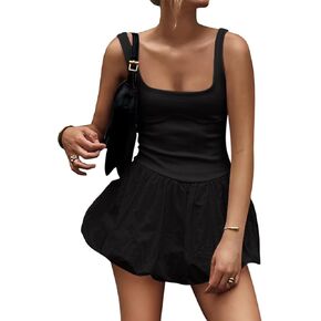 Women Summer Mini Tank Dress Sleeveless Fall Backless A-Line Solid Color Puffball Dress for Party Club