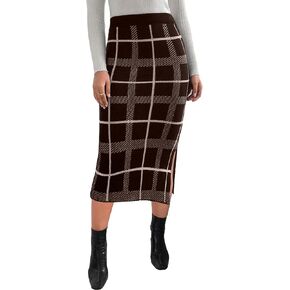 Floerns Women's Elegant Plaid High Waist Slit Side Pencil Skirts Knit Pencil Midi Skirts