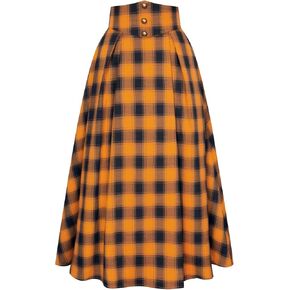 Scarlet Darkness Womens Plaid Skirt Elastic Waist A-Line Victorian Tartan Maxi Skirts