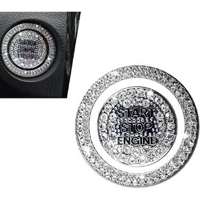 Pack-2 Bling Car One-Touch Start Rhinestone Decorative Ring, Sparkling Ignition Switch Button Anti-Scratch Protection Covers, Inner + Outer Ring Sticky Decal, Universal for Cars (White)