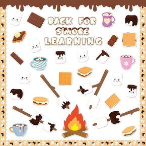 132Pcs Back to School Marshmallow S'More Bulletin Board Classroom Decoration Cute Cookies Campfire Cutouts Name Tags Back to School Camping Party Supplies Classroom Chalkboard Wall Door Decor