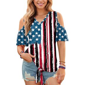 Spadehill 4th of July Women's Cold Shoulder Button Down Knot Front Tops