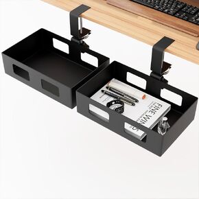 2 Pack Clamp-on Side Desk Swivel Organizer, Under Desk Hidden Storage Drawer with Cable Hole, Hanging Desk Rotated Metal Basket for Extender Desk Space