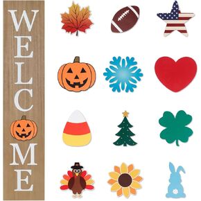 Interchangeable Welcome Sign for Front Porch- 45"X9" Large Standing/Hanging Wooden Sign with 12 PCS Replaceable Icons for Farmhouse Harvest Fall Halloween Thanksgiving Porch Wall Yard Decorations (Black)