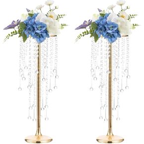 2 Pcs Crystal Flower Stand Wedding Centerpieces for Tables, 21.7 in Tall Tabletop Gold Metal Flower Arrangement Holder, Elegant Bulk Metal Vases for Wedding Party Event Reception, Birthday
