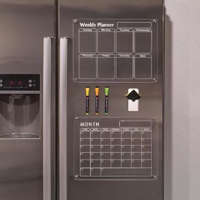 Harmoni Home and Kitchen - Set of Magnetic Acrylic Calendars for Fridge - Two Clear Month & Week Reusable Planners, Dry Erase Markers, & Eraser - Wipeable - Secure Magnetic Grip for Refrigerator