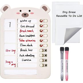 Mornajina 5.7 x 8.5 Inch Bear Chore Chart for Kids Portable, Reusable Dry Erase Checklist Board to Do List with 2 Markers, Kids Chores Chart for Home Travel Routine Planning (Pink)