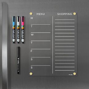 Magnetic Acrylic Menu & Shopping List for Fridge, includes 4 magnetic wet-erase markers for Refrigerator, 9" X 12" | Gold Hardware
