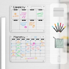 Magnetic Calendar for Fridge, FOTEEMO 2 Pcs Refrigerator Calendar Magnetic Dry Erase Clear Calendar for Fridge Includes 6 Dry Chalk Markers with 6 Colors White Acrylic Calendar (15.7"x11.8") in Kuwait