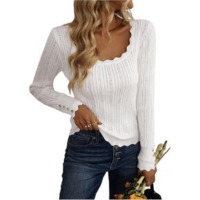 GORGLITTER Women's Scallop Trim Button Decor Sweater Scoop Neck Long Sleeve Pointelle Knit Top